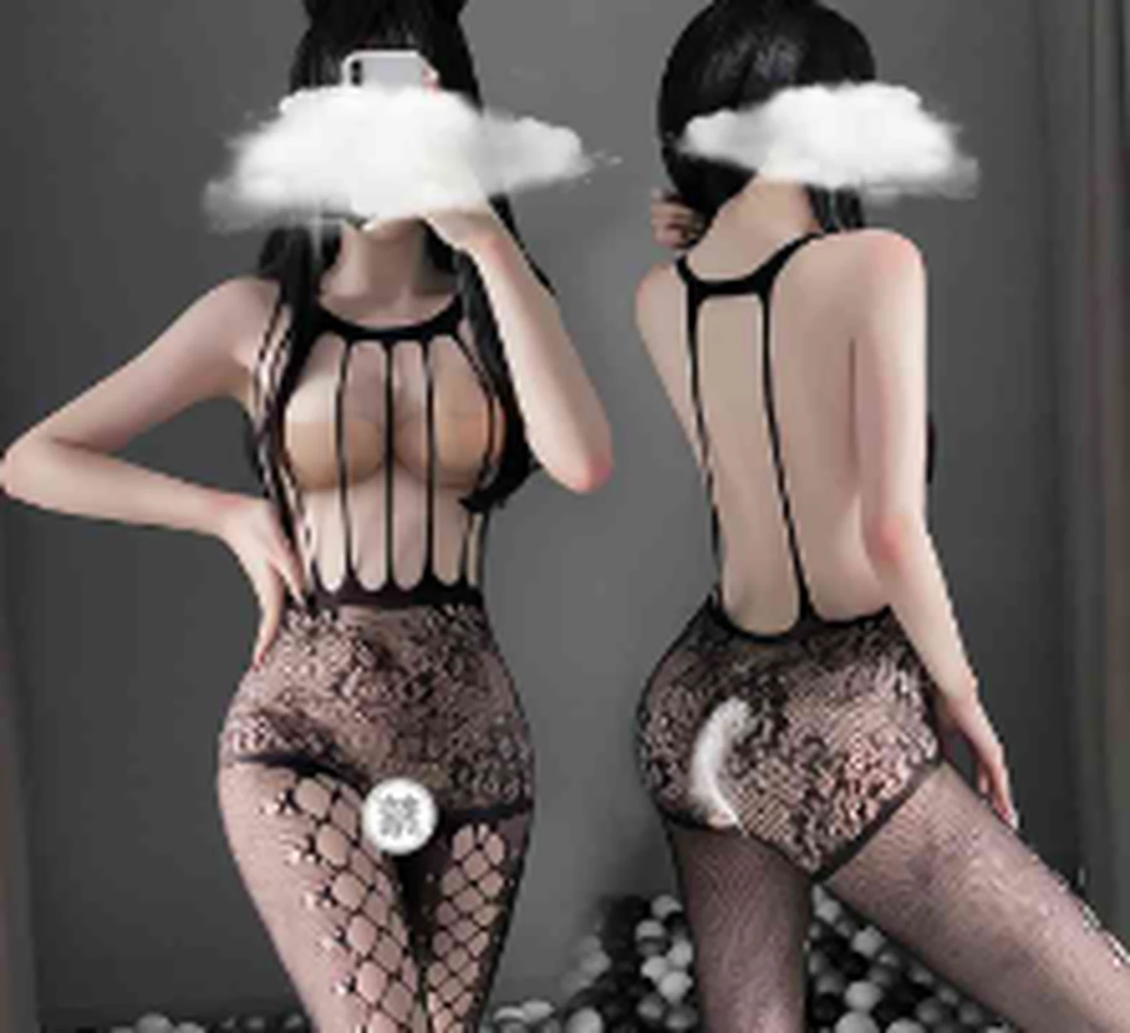 Feimu 7405 black charm tassel open stockings