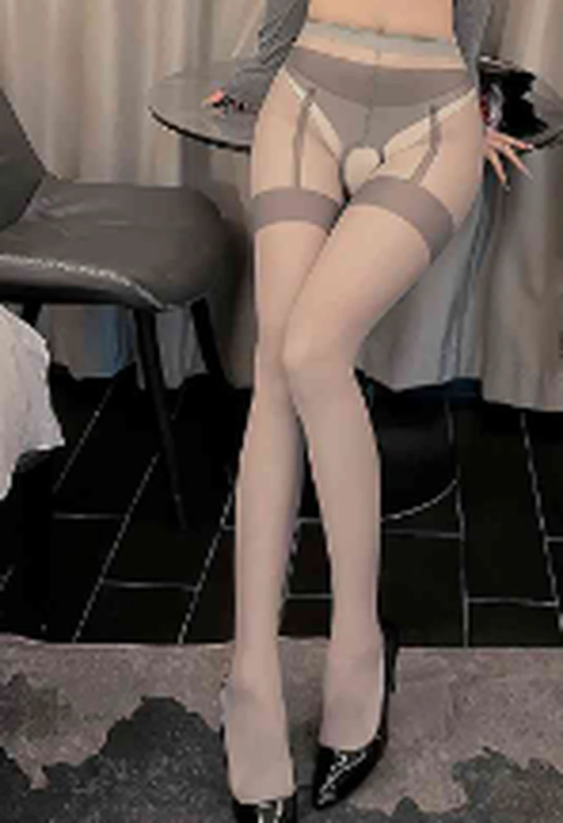 Feimu 7357 Dark Skin Contrast Color Fake Underwear Open Pantyhose