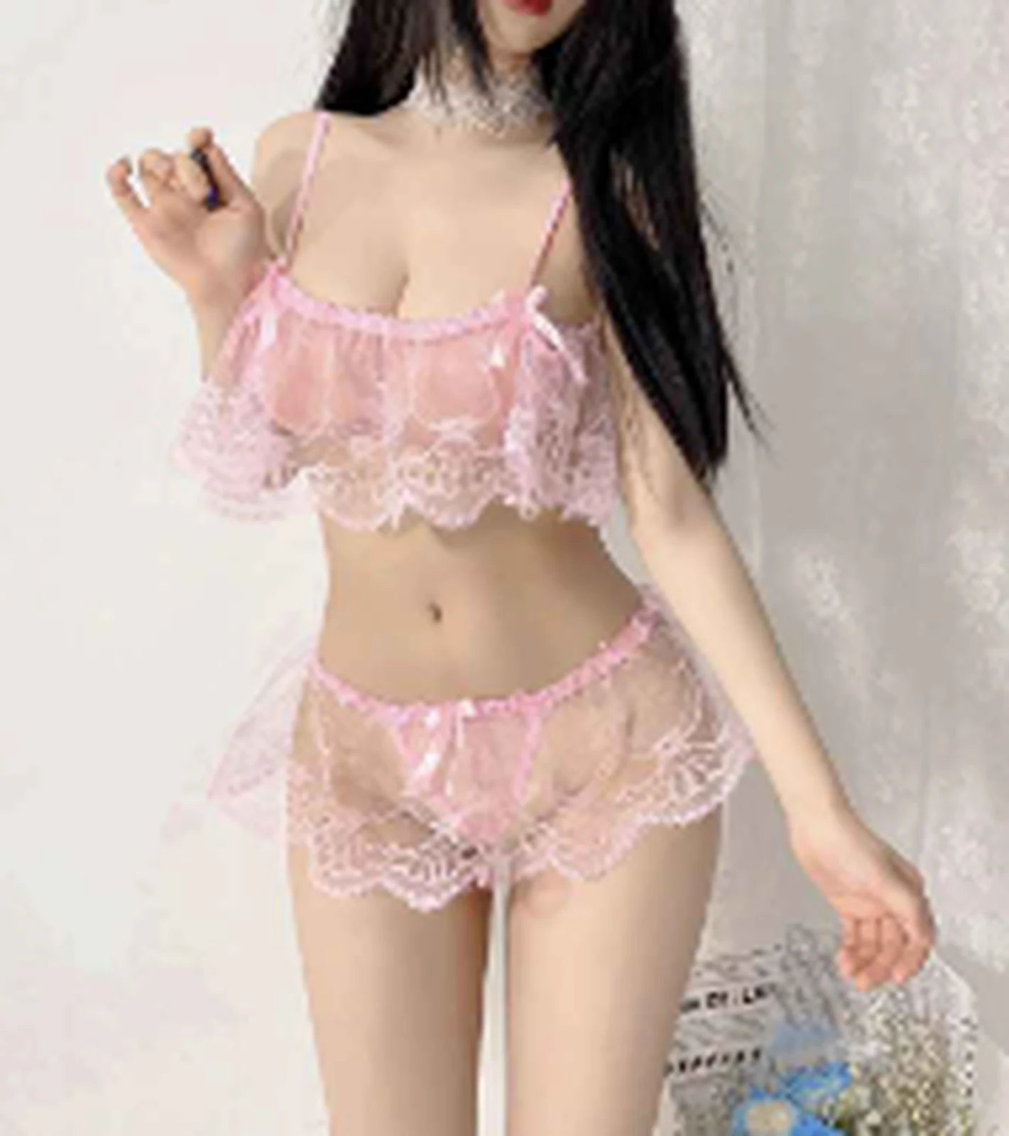 Feimu 7973 Pink See-through Lace Tube Top Separate Suit